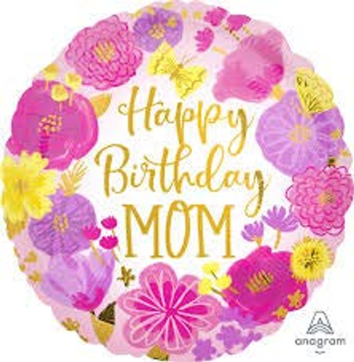 Anagram 17" Happy Birthday Mom Painted Flowers Foil Balloon, Multicolor Anagram 17" Happy Birthday Mom Painted Flowers Foil Balloon, Multicolor