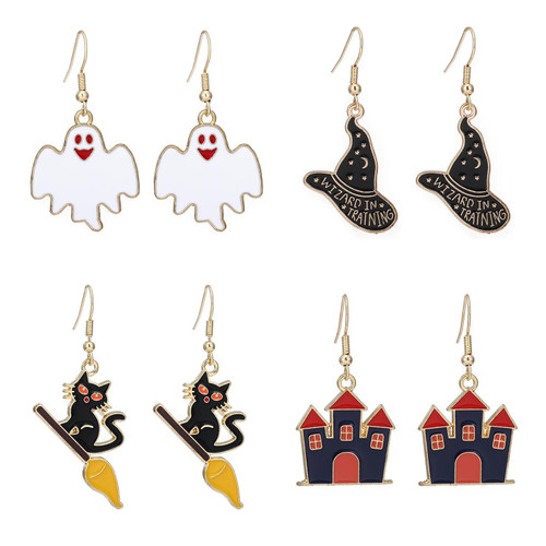 Aksod 4 Pairs Halloween Dripping Oil Earrings Sets Dangling Enamel Cat Hat Drop Dangle Earrings Spooky Ghost Castle Costume Party Earrings Holiday Festive Jewerly Gift for Women and Girls (Style A)