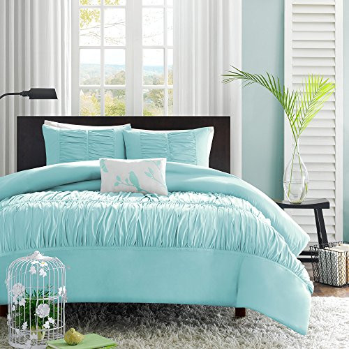 Mi Zone Mirimar Duvet Cover Twin/Twin Xl Size - Aqua , Pleated Ruched Ruffles Duvet Cover Set  3 Piece  Ultra Soft Microfiber Light Weight Bed Comforter Covers