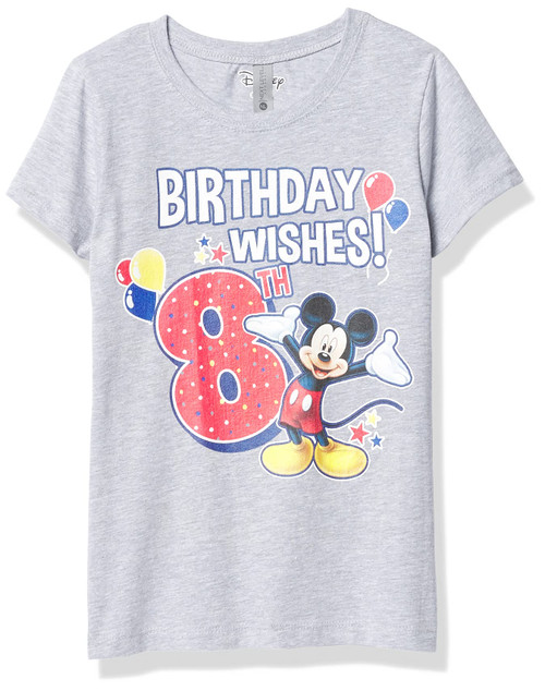 Disney Characters Mickey Birthday 8 Girl's Crew Tee, Athletic Heather, X-Large
