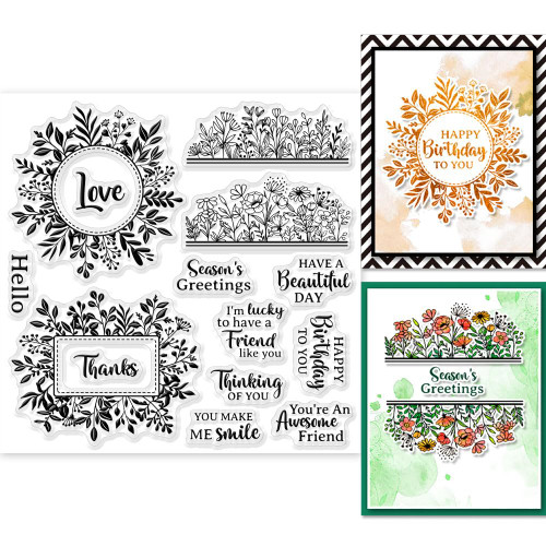 GLOBLELAND Plant Frame and Sentiment Text Clear Stamps for Cards Making Silicone Clear Stamp Seals 15x15cm Transparent Stamps for DIY Scrapbooking Photo Album Journal Home Decoration