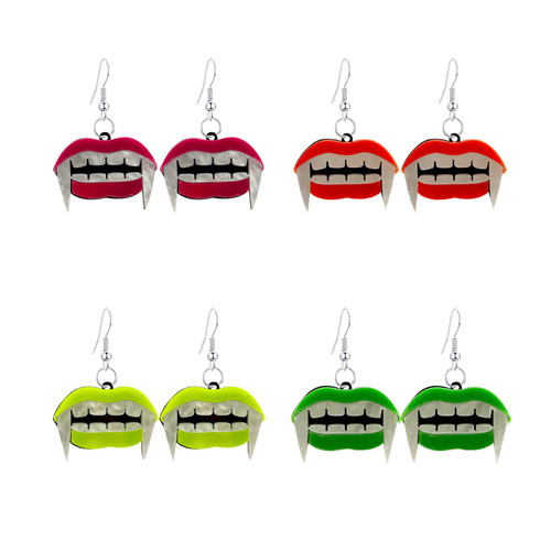 YUNXI 4 Pairs Halloween Theme Dangle Stud Earrings Tooth Witch Lip Pendant Earrings Halloween Acrylic Drop Dangle Earrings Witch Spider Web Bat Acrylic Dangle Earrings Fashion Charms Jewelry (4 Pairs)
