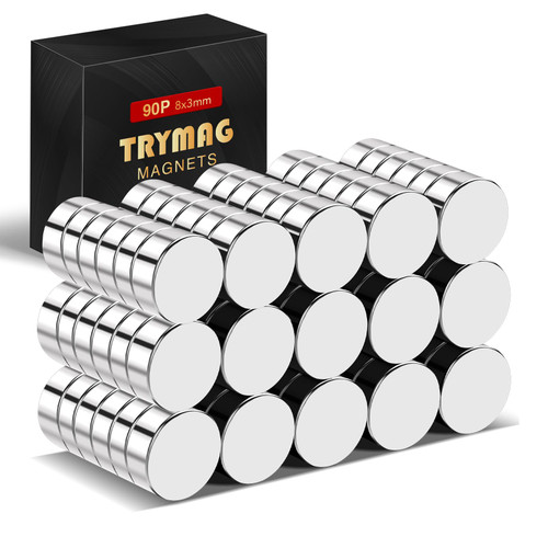 TRYMAG 90Pcs Refrigerator Magnets, Small Round Magnets for Crafts, 8x3mm Mini Rare Earth Magnets Tiny Strong Neodymium Disc Magnets for Whiteboard, Fridge, Office, Hobbies, and Button Magnets