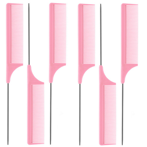 Rat Tail Combs Parting Comb: 6Pcs Rat Tail Comb Set, Long Steel Pin Rat Tail Teasing Comb, Hair Combs for Salon Hair Stylist, Tail Combs Metal,Parting Combs for Women(Pink)