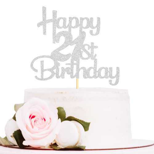 Sotpot Happy 21st Birthday Cake Topper Silver Glitter 21st Cake Toppers 21 Birthday Cake Decorations Cheers to 21 Fabulous Party Cake Picks - 1 Pack