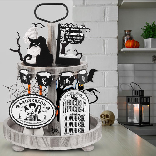 Halloween Tiered Tray Decor Set Black Halloween Wooden Signs Rustic Black Cat Farmhouse Witches Boo Spiders Blocks Table Sign for Halloween Party Favors