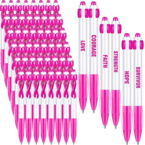 PerKoop Breast Cancer Awareness Pens Pink Ribbon Retractable Pen Bulk Hope Faith Strength Black Ink Pens Survivor Gifts Breast Cancer Awareness Items Office Supplies Women Gift(48 Pieces)