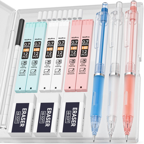 Nicpro 3PCS Pastel Mechanical Pencil Set, Cute Mechanical Pencils 0.7 mm with 6 Tubes HB Lead, 3 Erasers, 9 Eraser Refills, Aesthetic School Supplies for Student Writing Sketching Drafting -With Case