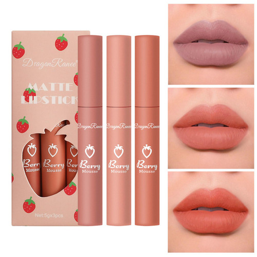 LESFEY 3 Piece Matte Lipstick Set Natural Nude Lipstick Velvet Air Moisture Smooth Lip Gloss 24 Hour Long Lasting Waterproof Lipstick for Women Makeup Colorstay Lip Crayon Cosmetic