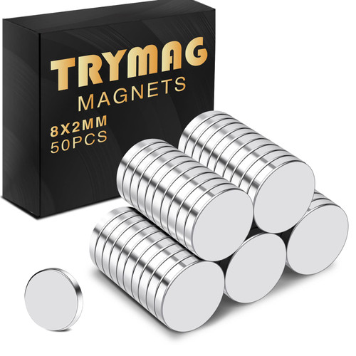 TRYMAG Refrigerator Magnets 8x2mm 50Pcs, Small Round Rare Earth Magnets, Tiny Strong Neodymium Disc Magnets for Whiteboard, Fridge, Office, Hobbies, Crafts and Dry Erase Board