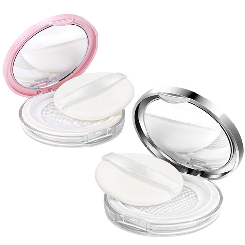 2 Pcs Loose Powder Container with Puff Loose Powder Compact Container Empty Reusable Plastic Empty Powder Case DIY Makeup Powder Case with Mirror and Net Sifter