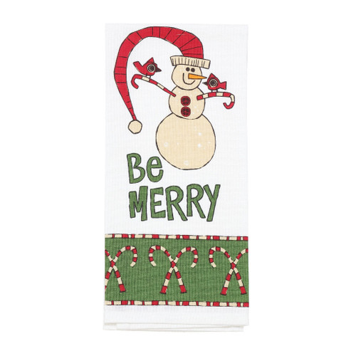 Enesco Izzy and Oliver Painted Peace by Stephanie Burgess Candycane Snowman Be Merry Tea Towel Dish Cloth, 18 x 26 Inch, Multicolor