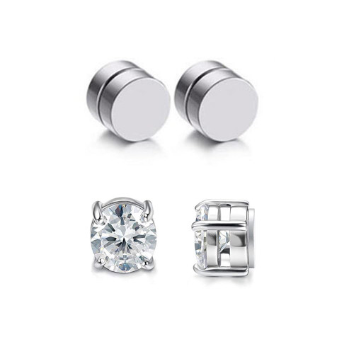 Stainless Steel Magnetic Non-piercing Biker Stud Earrings Set Piercing Huggie Small Hoop Surgical Steel Earring Stud Set Cubic Zirconia Hypoallergenic Earring for Mens Womens Teens-2 Pairs Silver