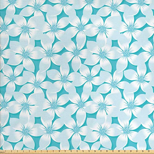 Lunarable Turquoise Fabric The Yard, Macro Tropical Hibiscus Flowers Pattern in Gradient Colors Hawaiian Exotic Print, Decorative Fabric Upholstery Home Accents, 3 Yards, Blue White