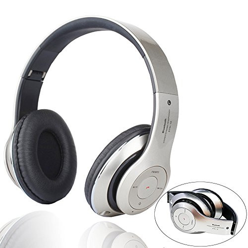 Teastar Stereo Bluetooth Headset Wireless Headphone Foldable Overear Headband Wired Earphone with 3.5mm Audio Cable With Microphone Support Handsfree TF Card Playback FM Radio (Silver)