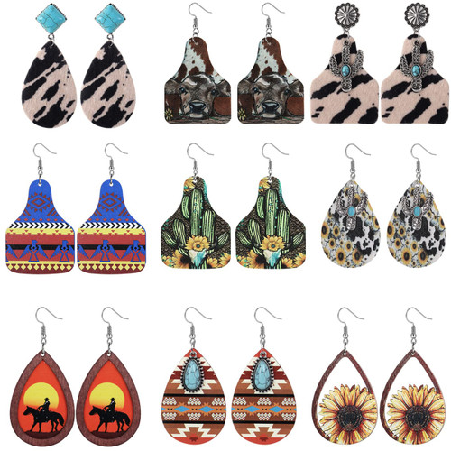 LOYALLOOK 9Pairs Western Earrings Set Cowgirl Cowboy Earrings Boho Vintage Handmade Earrings Bohemian Turquoise Cow Print Wood Leather Teardrop Dangle Earrings for Women, Style 2
