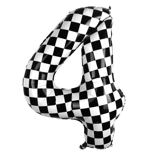 Checkered Balloon Number 4 | 40 Inch Black and White Checkered Flag Balloon for Boys 4th Birthday Decorations Race Car Racing Theme Birthday Party Supplies Favors Fourth Anniversary Decor