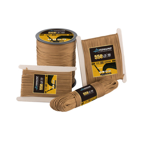 FISHLUND Paracord 550 lb, 7 Strand Type III Paracord Rope 100ft, High Strength Nylon Parachute Cord for Camping, Survival, Tactical and Hiking, Coyote