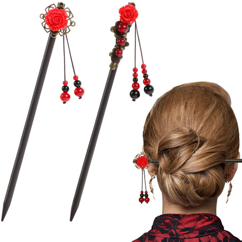 DREMISI 2 Pieces Flower Hair Stick Chinese Hair Chopstick Retro Wooden Hair Stick Vintage Flower Hairpin Handmade Hair Sticks Japanese Chinese Hair Accessories for Women Long Hair