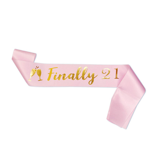 Clever Monster Birthday Sash Pink Satin Finally 21 Sash with Gold Glitter Lettering Party Favors, Supplies and Decorations