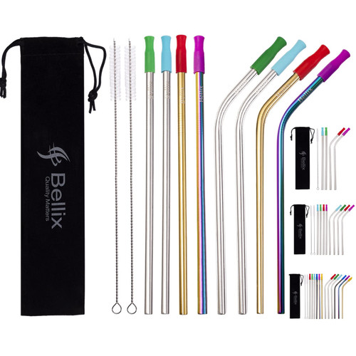 Bellix 8-Pack Metal Straws, Extra Long Stainless Steel Straws with Cleaning Brush, Travel Case and Dishwasher Safe, Eco-Friendly Reusable Straws with Colorful Rainbow and Silicone Tips