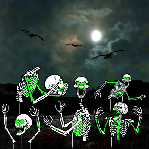 Barydat 8 Pcs Halloween Yard Signs Skeleton Outdoor Yard Signs with Stakes Glow in The Dark Halloween Decorations Outdoor Spooky Luminous Scary Lawn Sign for Holiday Garden Home Party Decor (Skeleton)