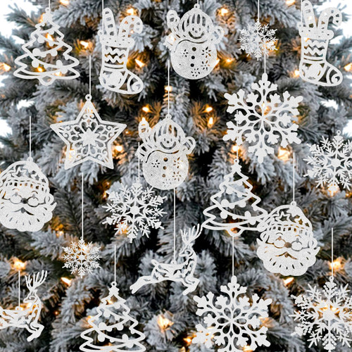 Christmas Tree Decoration Sparkling Snowflake Ornaments,42Pcs White Glitter Christmas Hanging Snowflake Decors with String Glitter Christmas Tree Ornaments for Winter Holiday Xmas Decoration Indoor
