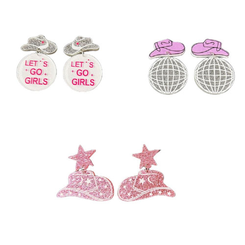 2-4 Pairs Western Earrings For Women Girls Cowgirl Cowboy Acrylic HOWDY Glitter Drop Dangle Earrings Rodeo Disco Ball Boots Hat Wooden Earrings Y2k Jewelry-Style 3