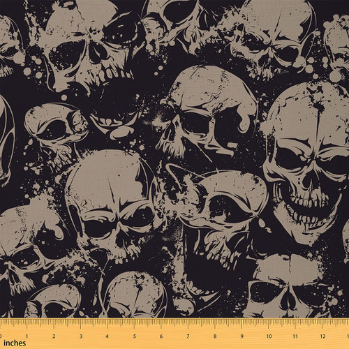 Feelyou Skull Fabric by The Yard, Scary Grunge Skulls Theme Upholstery Fabric for Chairs and Home DIY Projects, Halloween Skeleton Decorative Waterproof Fabric, 1 Yard, Grey Black
