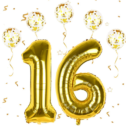 Number Balloons 16 Gold, 40 Inch Large Number 16 Birthday Balloons with Gold Confetti Balloons, Digit Helium Mylar Number Balloon for Boys Girls Birthday Party Anniversary Decorations (Balloon 16)