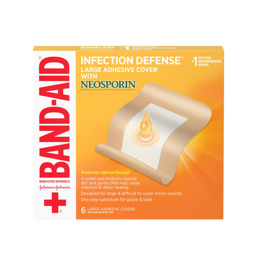 Band-Aid Brand Infection Defense Adhesive Wound Covers with Neosporin Antibiotic Ointment On The Pad for First Aid Wound Care, Bacitracin Zinc & Polymyxin B Sulfate, Sterile, Large, 6 ct Band-Aid Brand Infection Defense Adhesive Wound Covers with Neosporin Antibiotic Ointment On The Pad for First Aid Wound Care, Bacitracin Zinc & Polymyxin B Sulfate, Sterile, Large, 6 ct