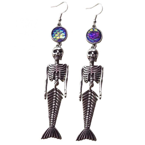 Froiny 1 Pair Mermaid Skeleton Earrings Halloween Party Dangle Earrings Long Tassel Drop Earrings Skull Jewelry Accessory, Silver, One Size