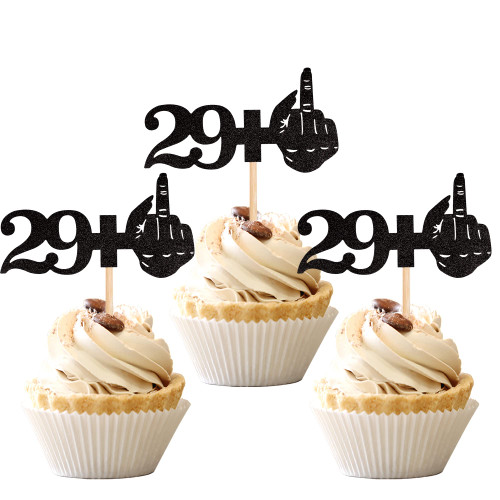 24PCS 29+1 Cupcake Toppers Black Glitter 30th Birthday Cupcake Picks Cheers to 30 Fabulous Middle Finger Cake Decorations for Happy 30th Birthday Anniversary Party Supplies