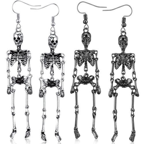 2 Pairs Halloween Skeleton Dangle Earrings Set for Women Long Skull Pendant Earrings Goth Drop Earrings Weird Earrings Spooky Skull Skeleton Jewelry Halloween Costume Accessories for Women Girls