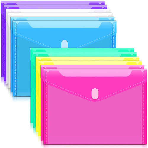 Sooez 12 Pack Plastic Envelopes Poly Envelopes, Clear Document Folders Plastic File Folders Envelopes US Letter A4 Size, Document Organizers Waterproof Envelope Folders with Closure, Assorted Color