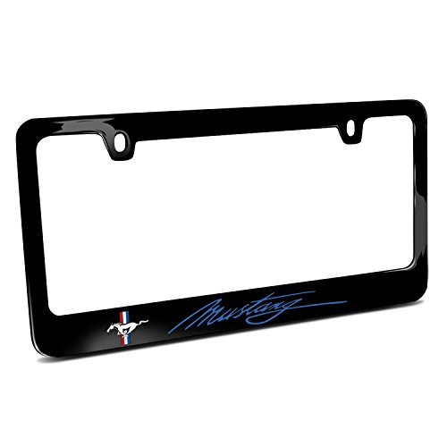 Ford Mustang Script in Blue Black Metal License Plate Frame