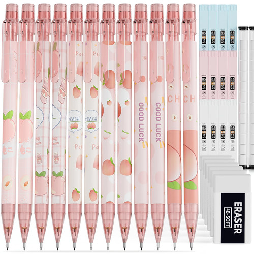 Nicpro 12PCS Pink Mechanical Pencil Set, Cute Mechanical Pencils 0.5 mm with 12 Tubes HB Lead Refills, 6PCS Eraser, 24PCS Eraser Refill for Writing, Drawing, Sketching, Drafting -Come with Case