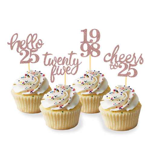 24Pcs Glitter 25th Birthday Cupcake Toppers, Hello 25th Birthday Cake Topper- 25th Birthday Decorations for Celebrating Twenty-Five Years Old Birthday Party (Rose Gold)