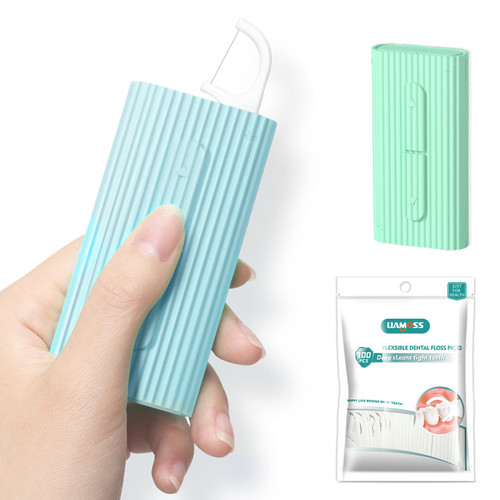 Dental Floss Picks Portable Case-120 Count Pocket-Sized Professional Flosser Dispenser-LIAMOSS Superfine Toothpicks Sticks-Best Dental Oral Care(Blue Green)