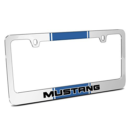 Ford Mustang Blue Racing Stripe Mirror Chrome Metal License Plate Frame