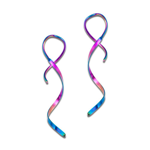 JeanBeau Spiral Earrings for Women Girls Handmade Pull Through Rainbow Stainless Steel Dangle Drop Threader Twisted Linear Curved Dangling Thread Fashion Jewelry