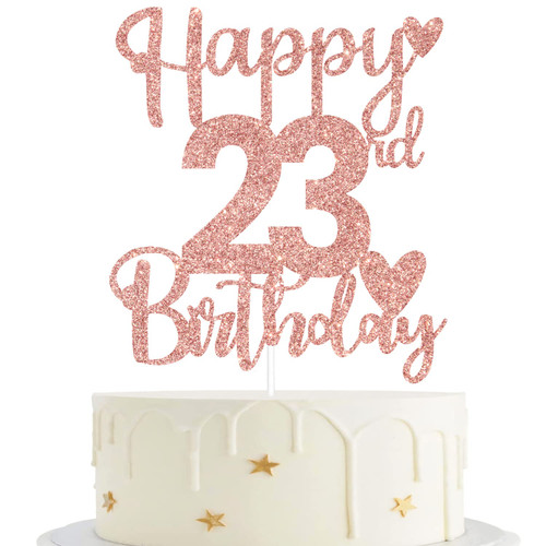 HUASR Rose Gold Glitter Happy 23rd Birthday Cake Topper, Cheers to 23 Years, 23 Cake Topper, 23rd Birthday Anniversary Party Decorations
