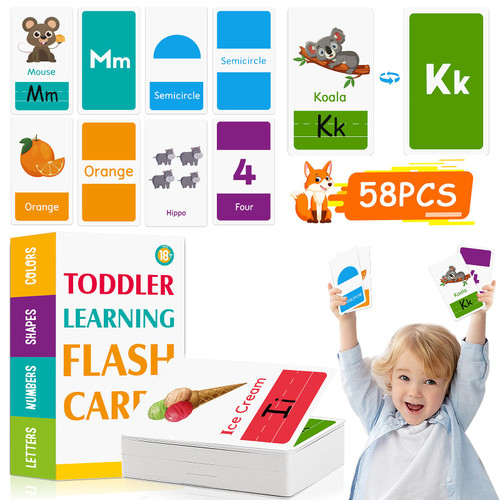 Hsxfl Flash Cards for Toddlers 2-4 Years, Sight Words Flash Cards Kindergarten, Colors Number Shapes Animals Phonics Alphabet Flash Cards Learning Toys for Toddlers, 58 Picture Cards - 116 Sides