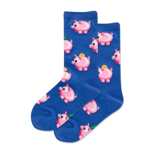 Hotsox Kid's Piggy Bank Crew Socks 1 Pair, Dark Blue, Kid's Large/Extra Large