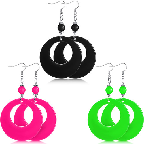 Hicarer 3 Pairs 80s Neon Earrings for Women Retro Pendant Acrylic Drop Dangle for 80's Outfit Glow Party Accessories(Rose Red, Green, Black, Round Style)