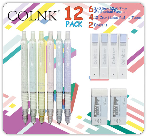 COLNK Mechanical Pencil Set with Lead and Erasers, 6 Cute Drawing Mechanical Pencils 0.5 & 0.7mm, with 4 Tubes of HB Lead Refills and 2 Extra Erasers for School Office Writings