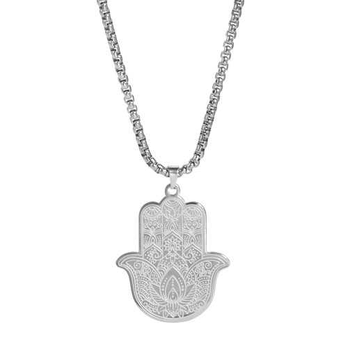 Hamsa Hand of Fatima Pendant Necklace Hamsa Hand and Evil Eye Necklace The Hamsa Hand Necklace Vintage Stainless Steel Good Luck Amulet Protection Necklace Talisman Jewelry Gifts for Men Women (Stainless Steel Color)