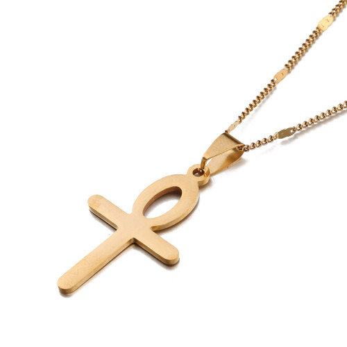 Stainless Steel Egyptian Jewelry The Key of the Nile Ankh Cross Pendant Necklace (gold)