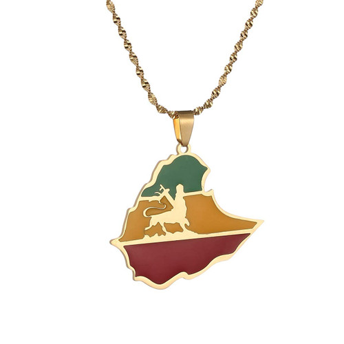 Stainless Steel Ethiopian Flag Lion Map Pendant Necklace Women Men Ethiopia Lion Chain Jewelry (Gold)