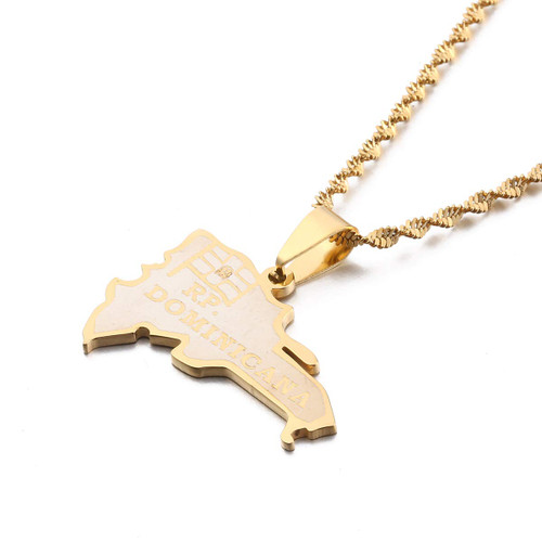 Stainless Steel Dominican Map Flag Pendant Necklace Dominicans Country Map Jewelry (Gold Color 2)